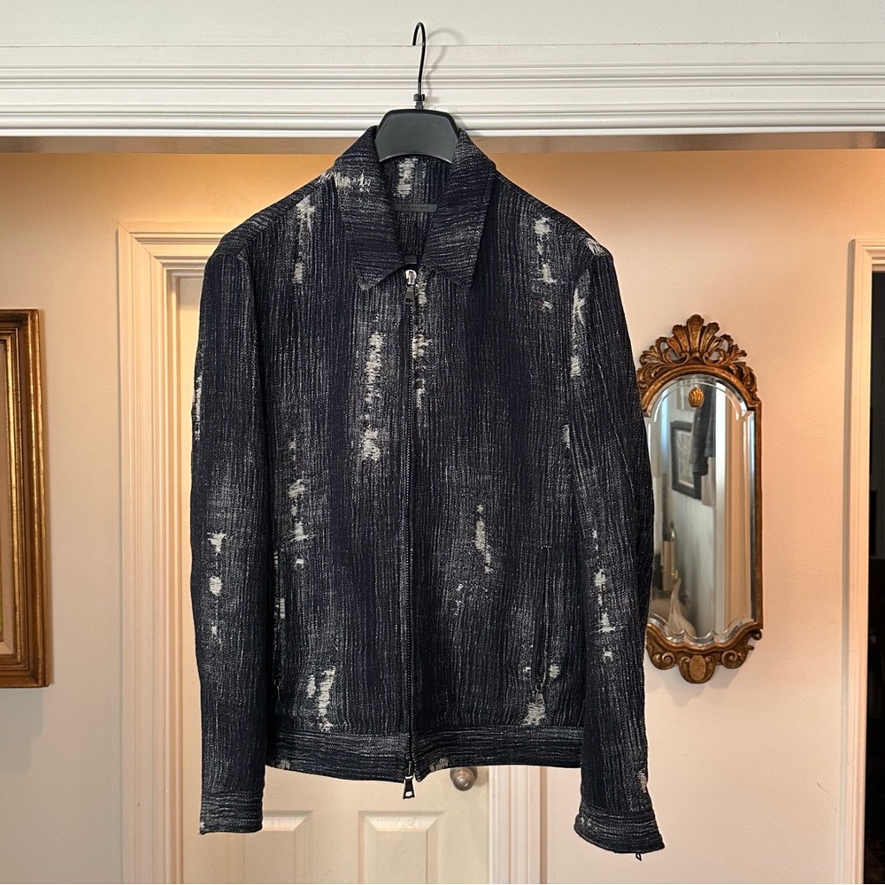 John Varvatos - L.Edition Linen Distressed Bomber Jacket - Collar in Blue - 52